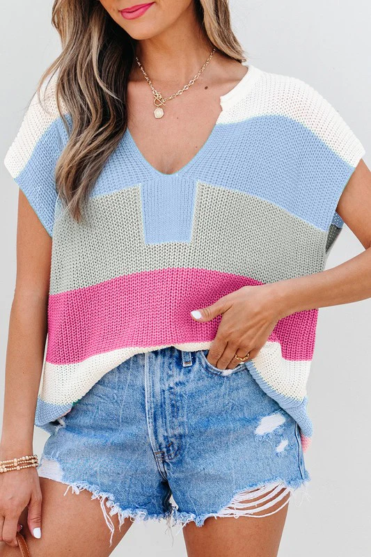 Stripe Colorblock V-Neck Sweater T-Shirt - Image 10