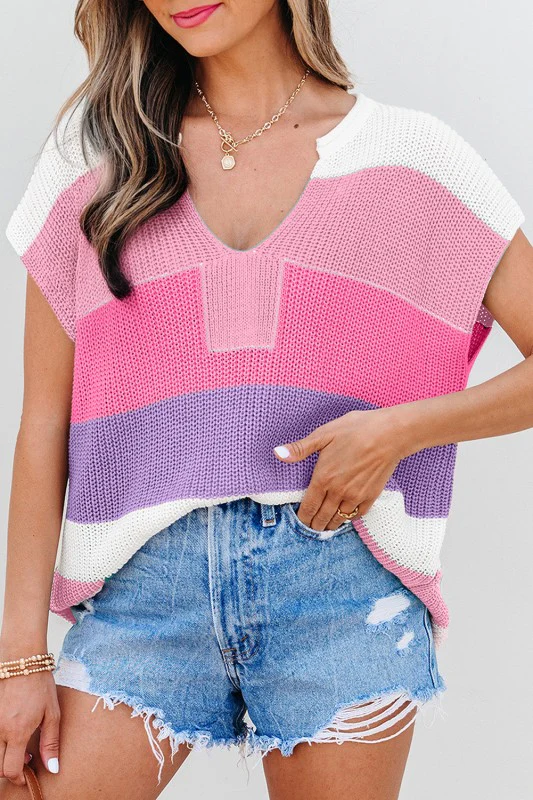 Stripe Colorblock V-Neck Sweater T-Shirt - Image 18