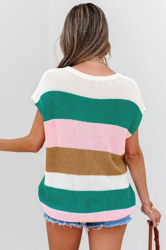 Stripe Colorblock V-Neck Sweater T-Shirt - Image 2