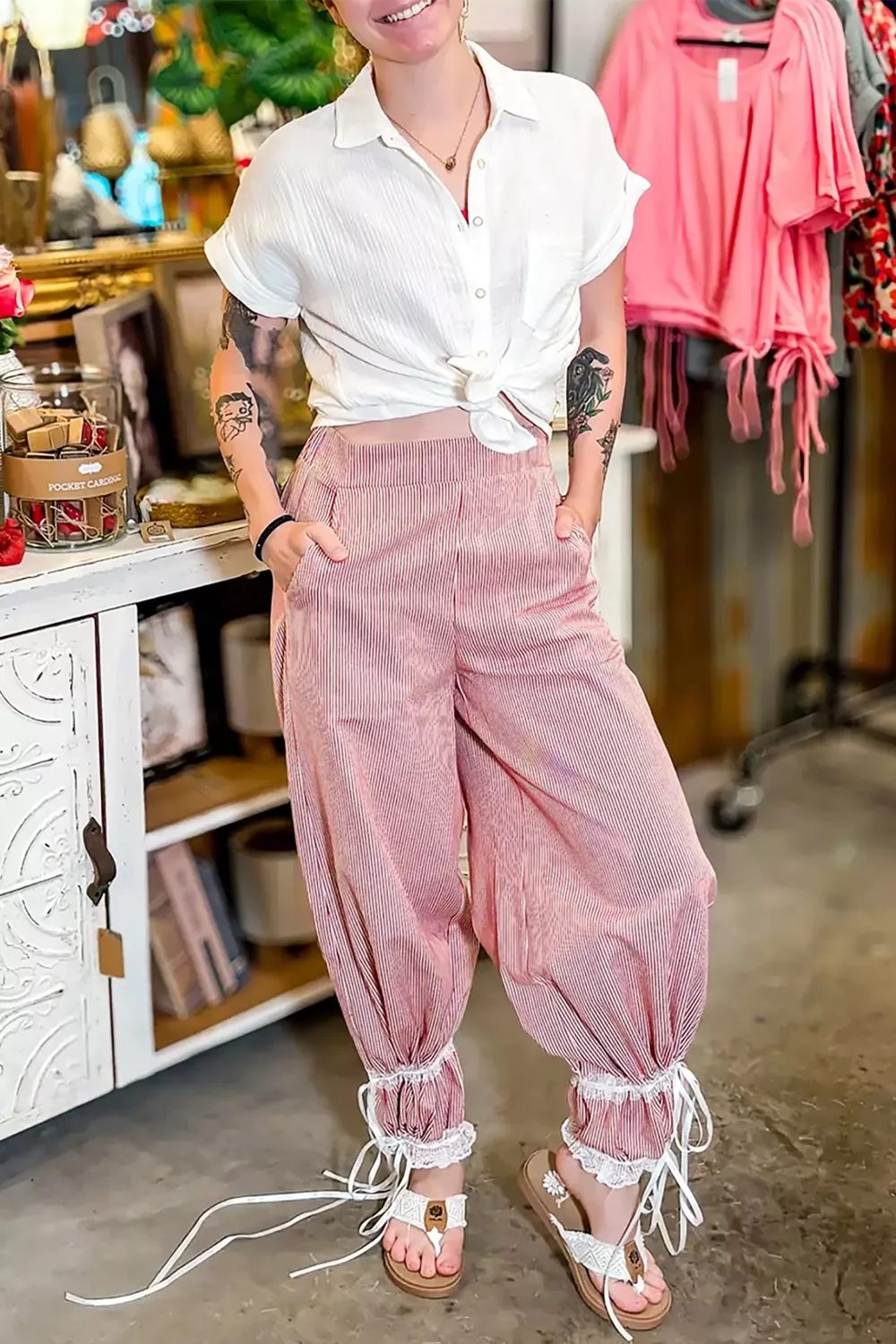Stripe Contrast Lace Ribbon Tie Detail Wide Leg Pants - Image 2