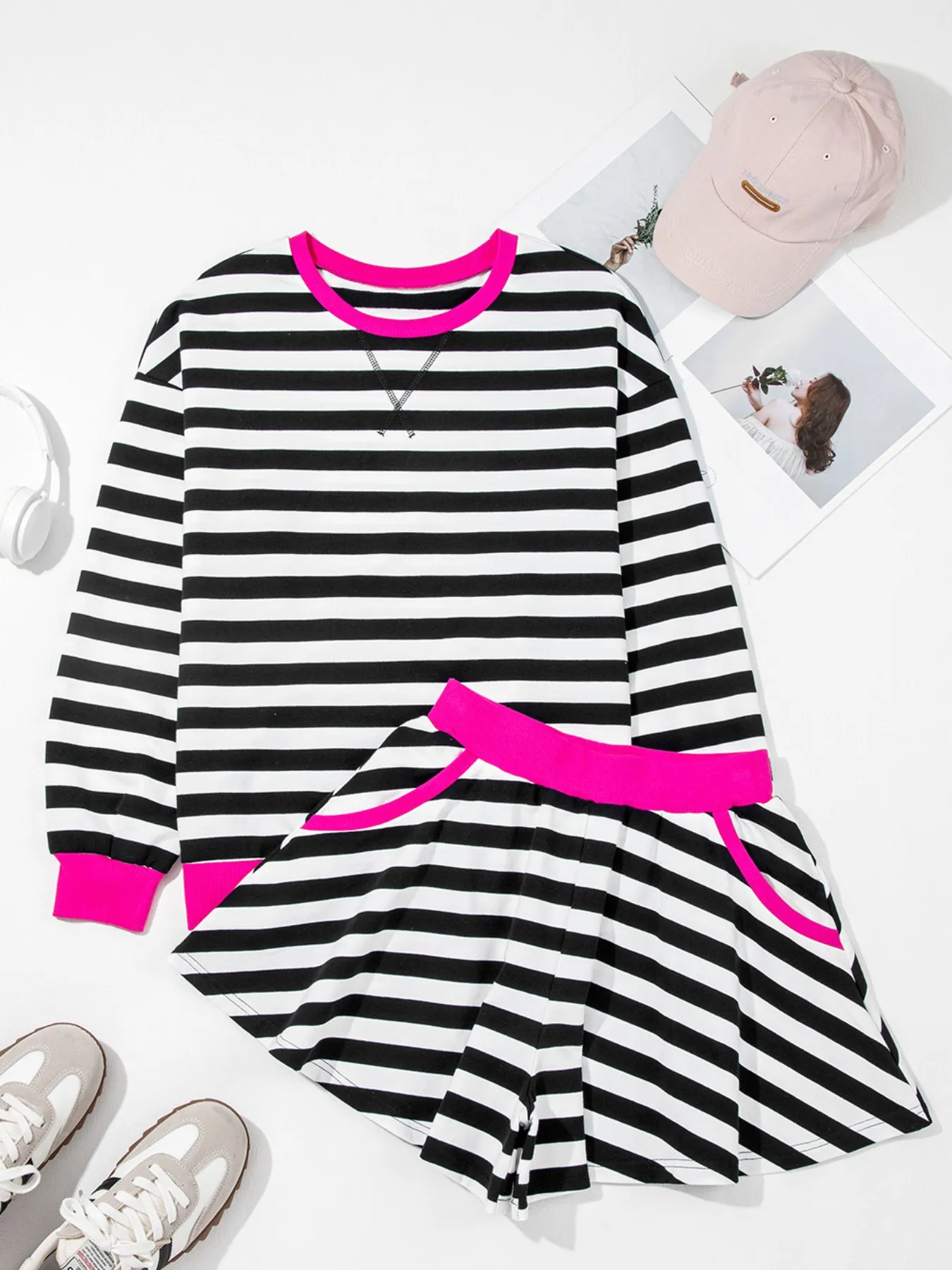 Stripe Contrast Ribbed Banding Long Sleeve Blouse and Loose Shorts Set - Image 5