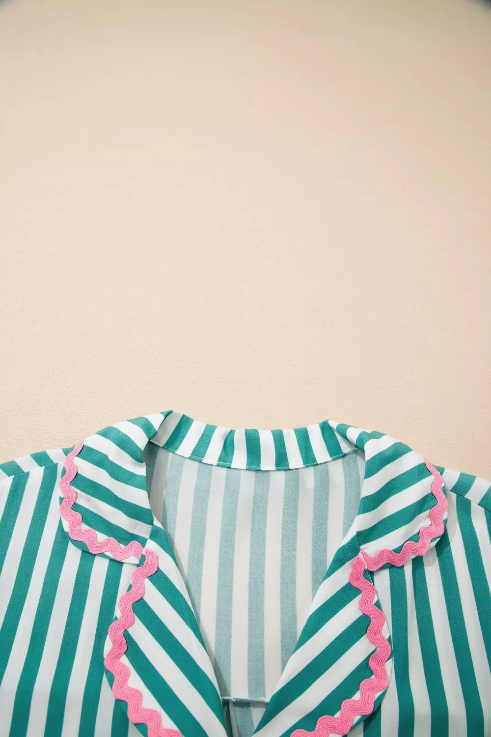 Stripe Contrast Ricrac Trim Long Sleeve Shirt Drawstring Ruffled Pajama Short Set - Image 7