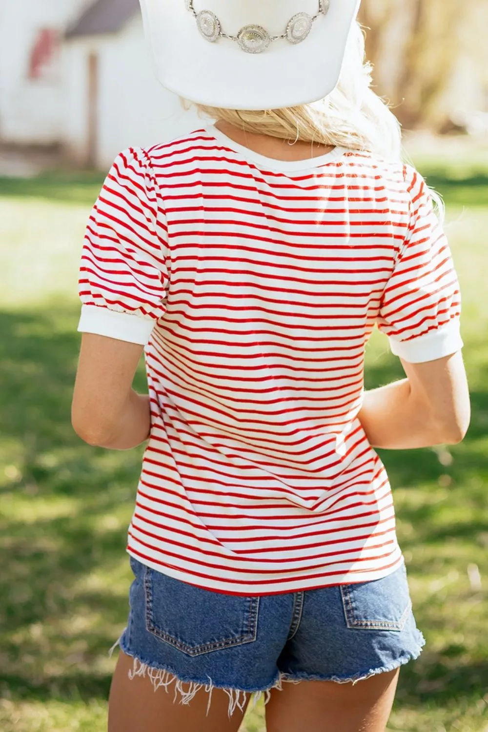 Stripe Contrast Trim Round Neck Short Puff Sleeve T Shirt - Image 2