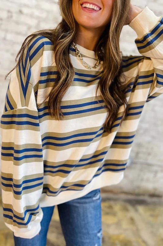 Stripe Crew Neck Drop Shoulder Pullover Sweatshirt - Image 3