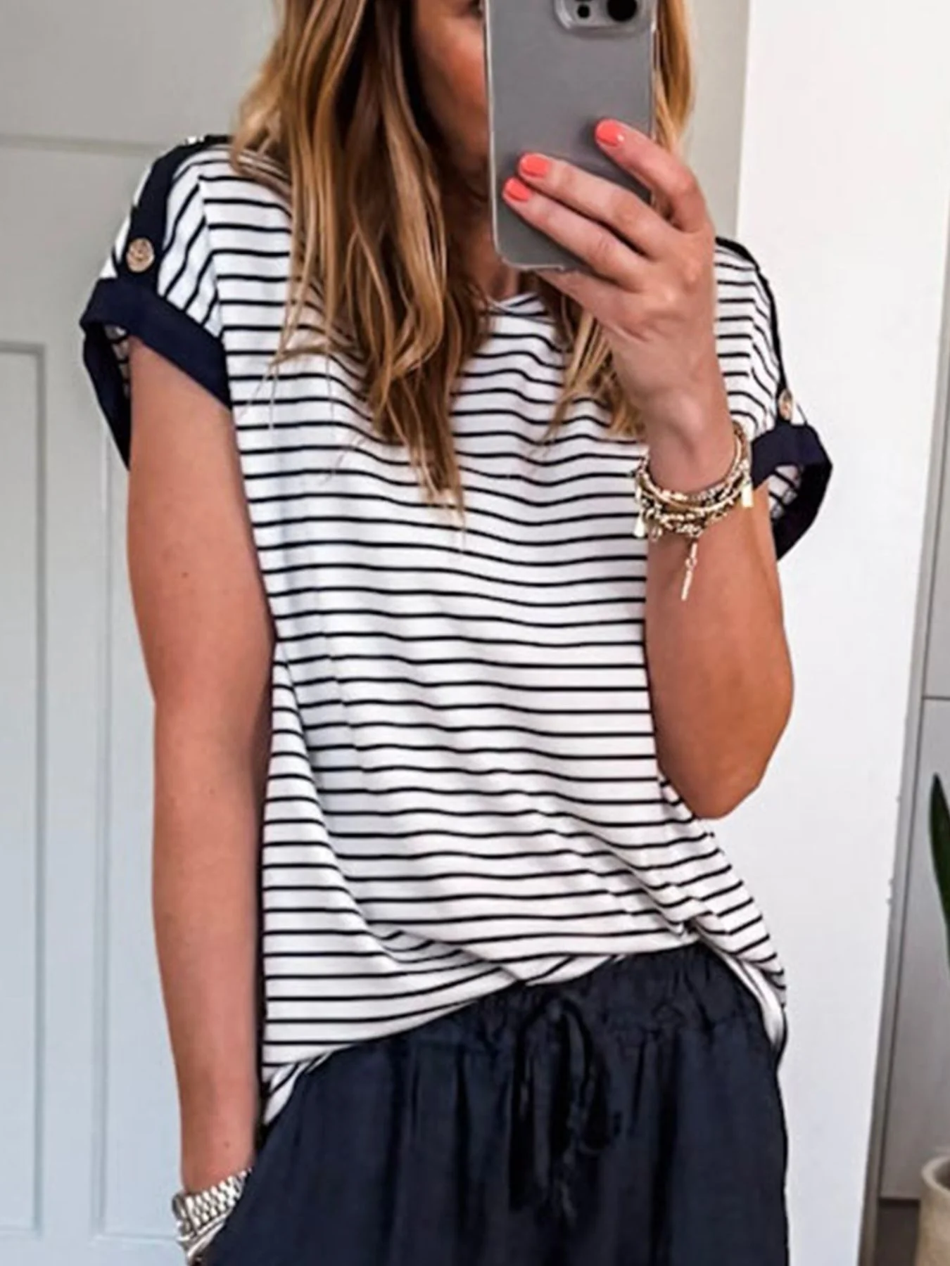 Stripe Cuffed Sleeve Button Decor Loose Tee - Image 2