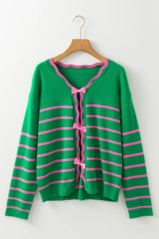 Stripe Cute Bow Detail Sweater Knit Cardigan - Image 5