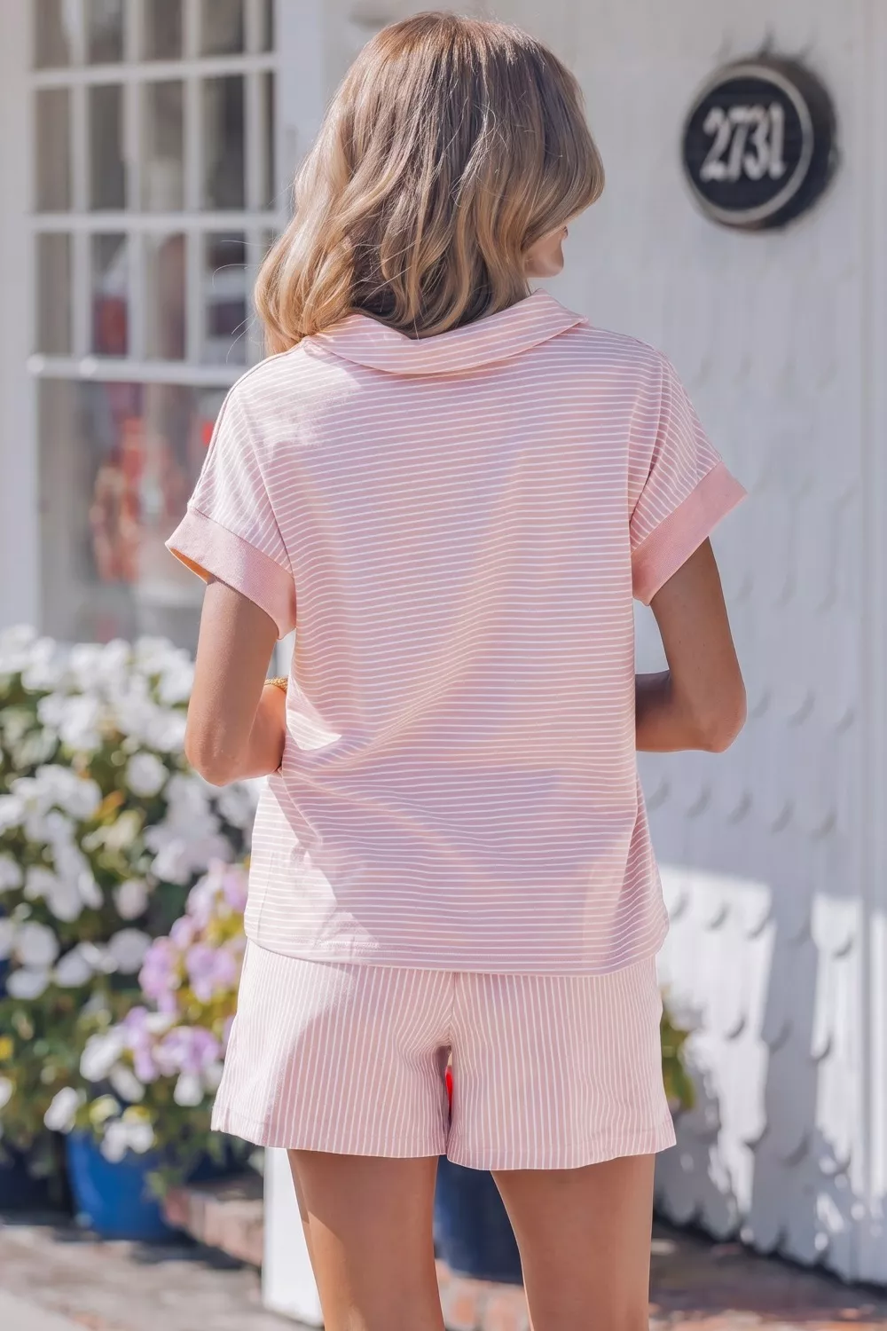 Stripe Dolman Sleeve Polo Shirt and Drawstring Shorts Set - Image 2