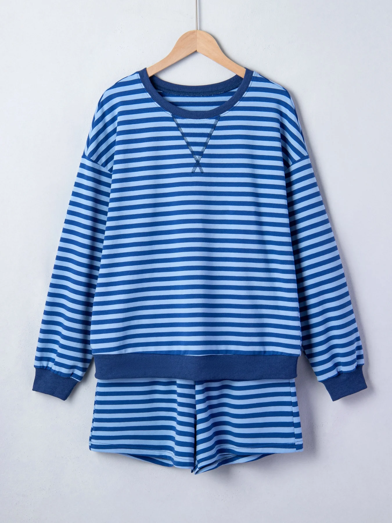 Stripe Drop Shoulder Long Sleeve Pullover Elastic Waist Casual Short Set - Image 3