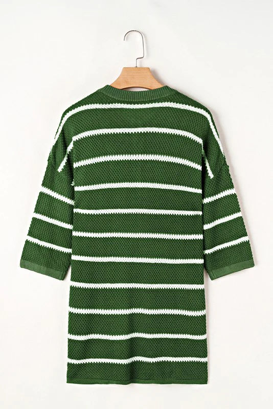 Stripe Drop Shoulder Oversized Henley Knit Tee - Image 3
