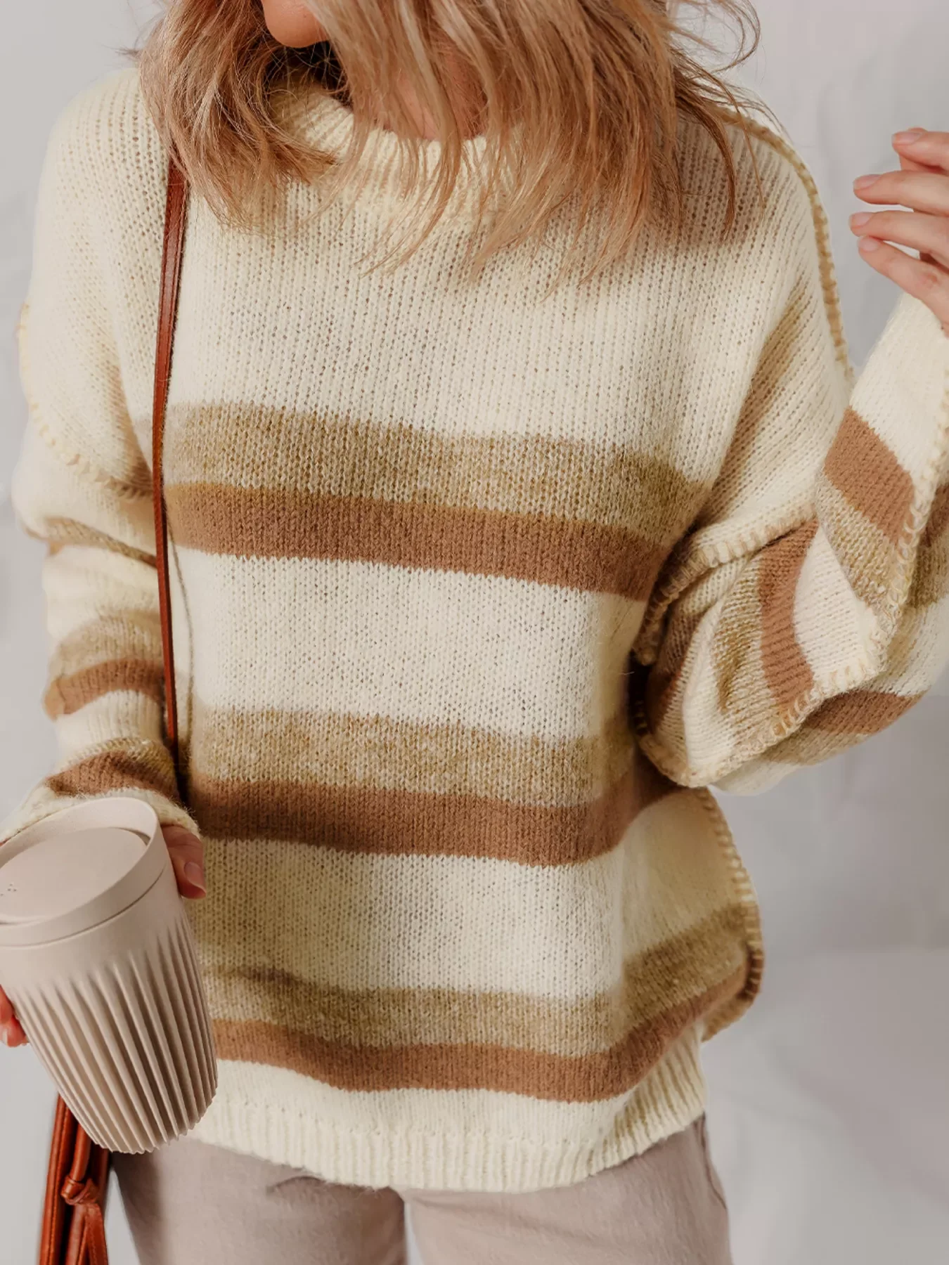 Stripe Exposed Seam Drop Shoulder Knit Baggy Sweater - Image 4