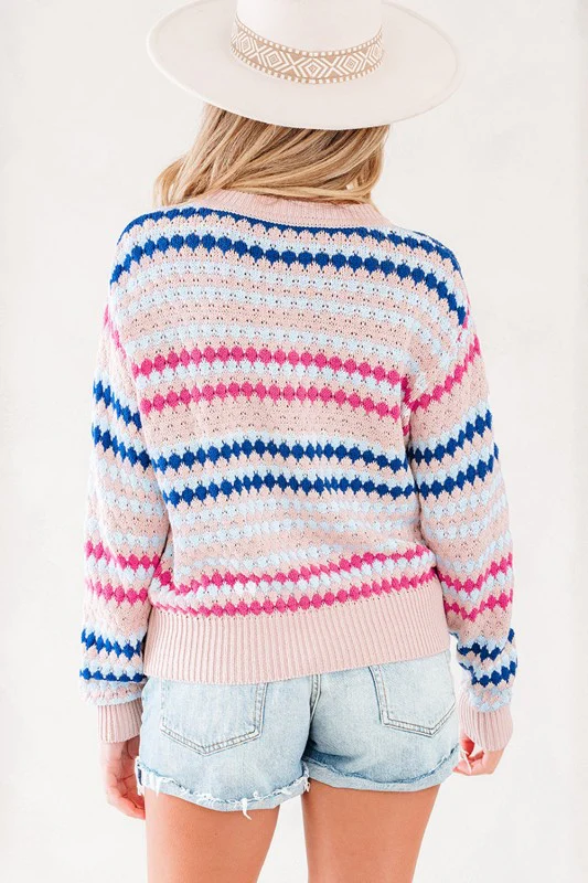 Stripe Eyelet Knit Drop Shoulder Sweater - Image 2