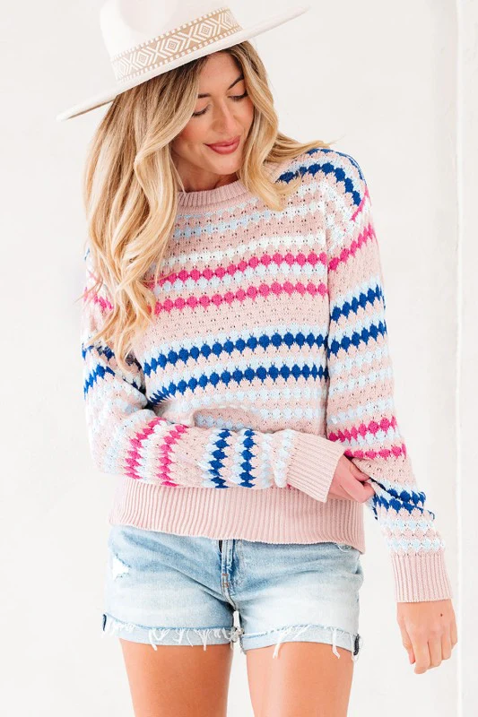 Stripe Eyelet Knit Drop Shoulder Sweater - Image 4