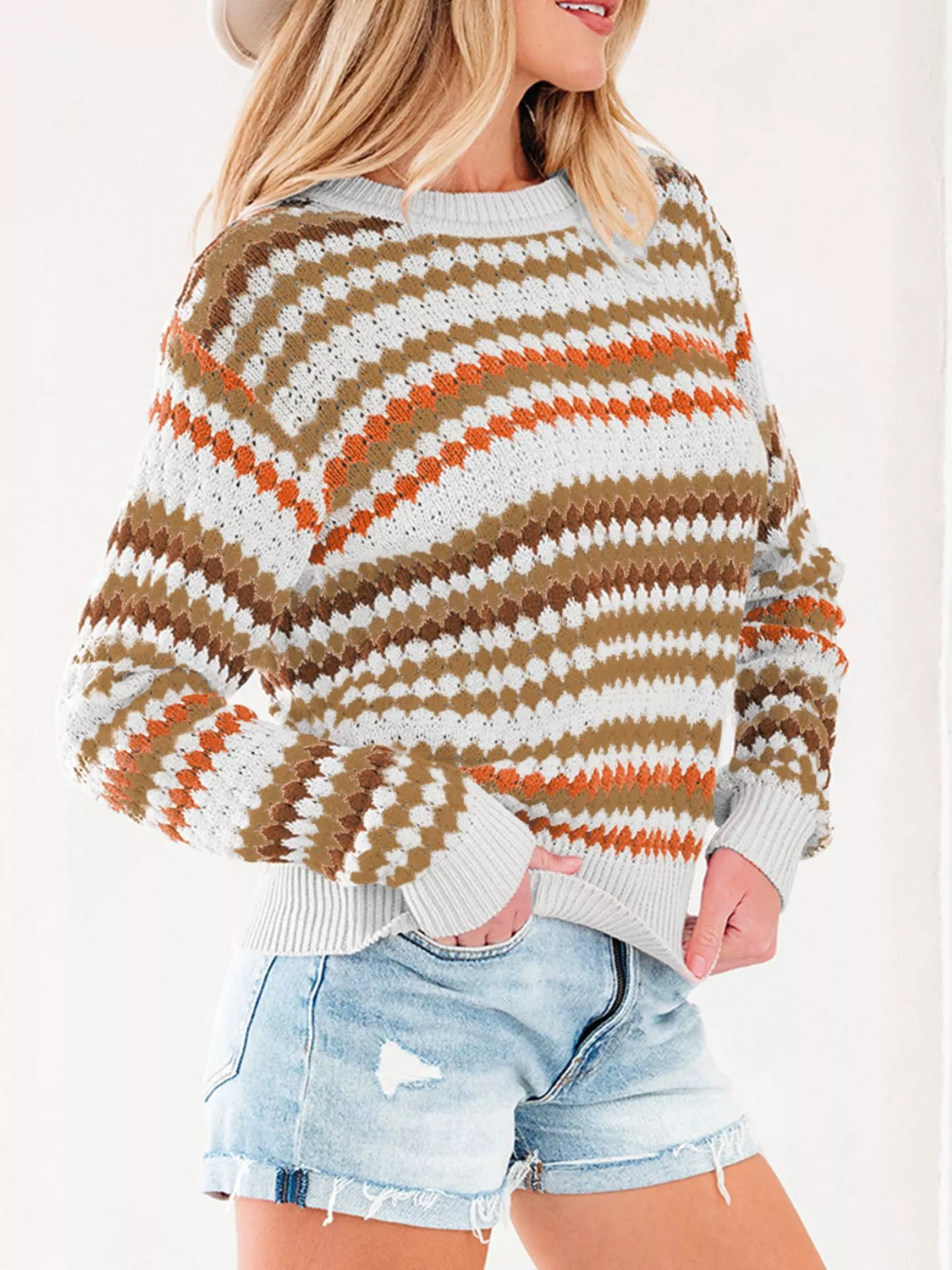 Stripe Eyelet Patterned Drop Shoulder Sweater - Image 3
