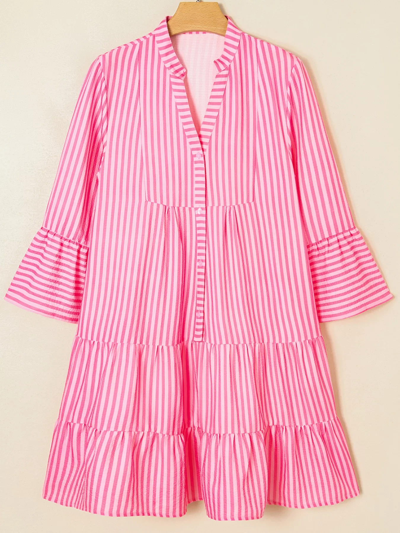 Stripe Flare Sleeve Half Placket Tiered Flowy Mini Dress - Image 3