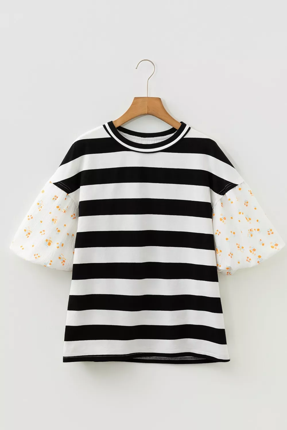 Stripe Floral Print Puff Sleeve Patchwork Blouse - Image 3