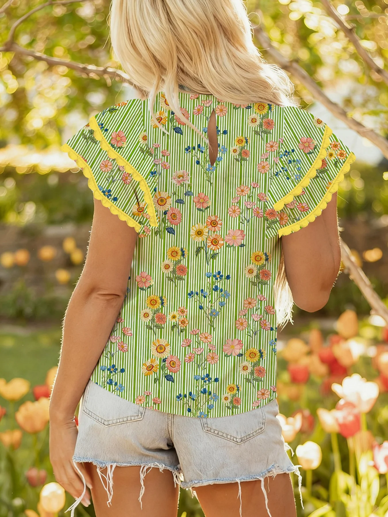 Stripe Floral Printed Scalloped Detail Ruffle Short Sleeve Blouse - Image 2
