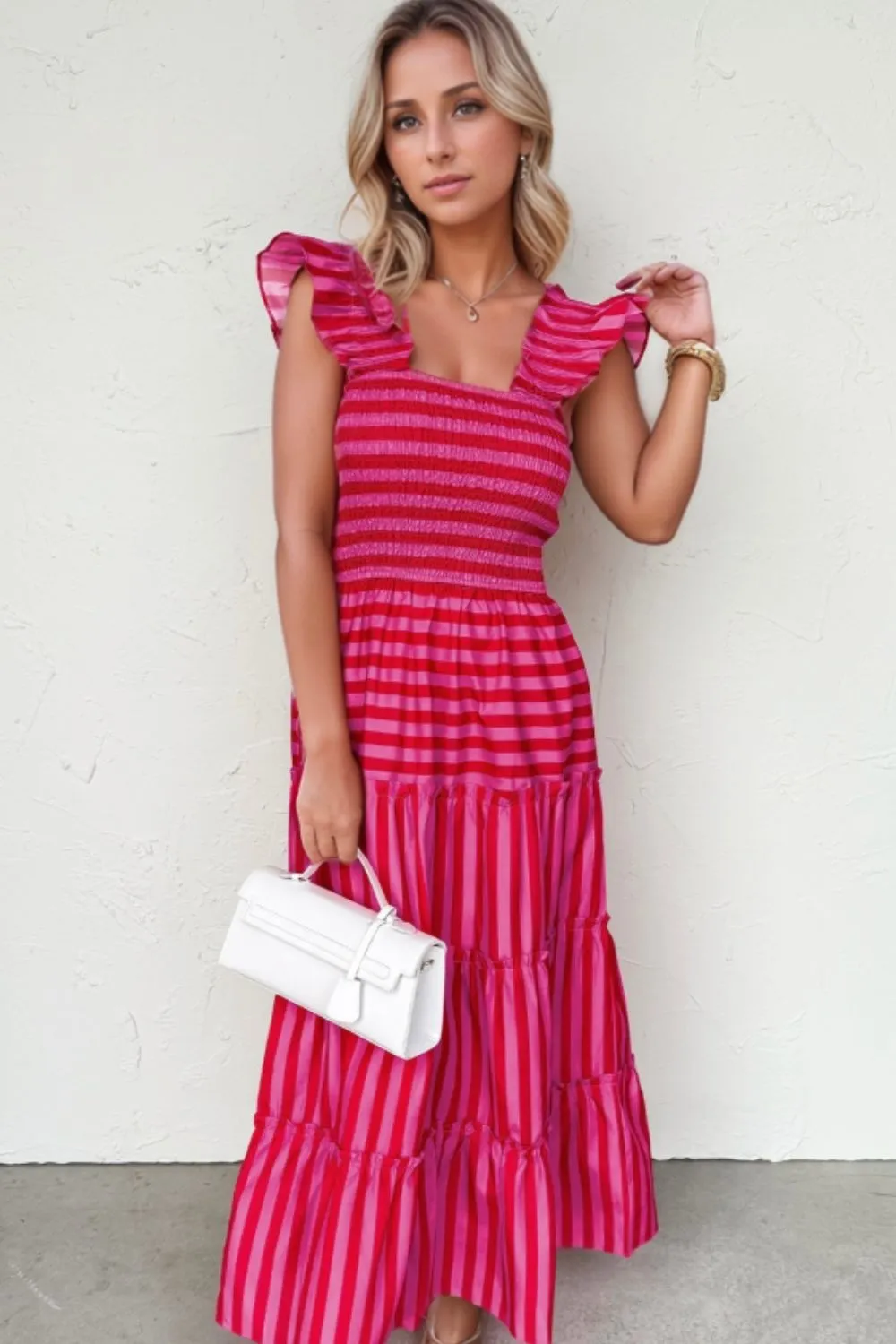 Stripe Flutter Sleeve Smocked Bodice Tiered Maxi Dress - Image 2