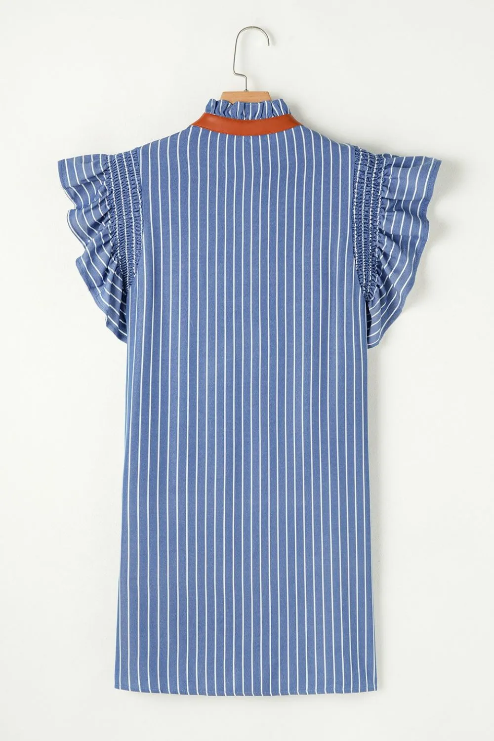 Stripe Frilly Split Neck Shirred Ruffle Sleeve Short Shift Dress - Image 5
