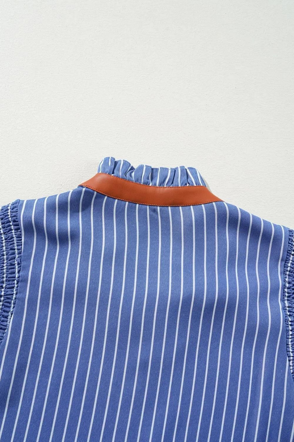 Stripe Frilly Split Neck Shirred Ruffle Sleeve Short Shift Dress - Image 7
