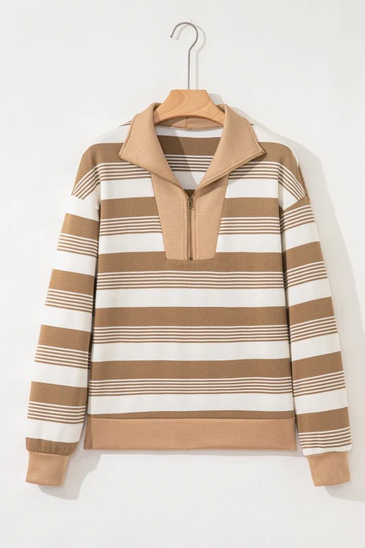 Stripe Half-Zip Collared Patchwork Long Sleeve Swe - Image 4