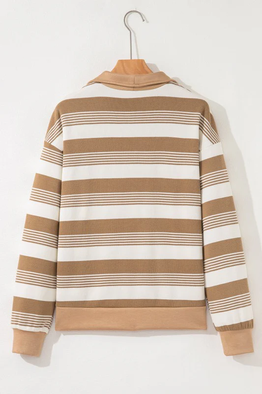 Stripe Half-Zip Collared Patchwork Long Sleeve Swe - Image 6
