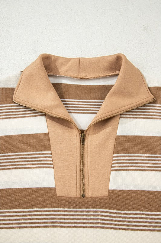 Stripe Half-Zip Collared Patchwork Long Sleeve Swe - Image 7