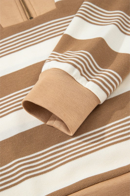 Stripe Half-Zip Collared Patchwork Long Sleeve Swe - Image 9