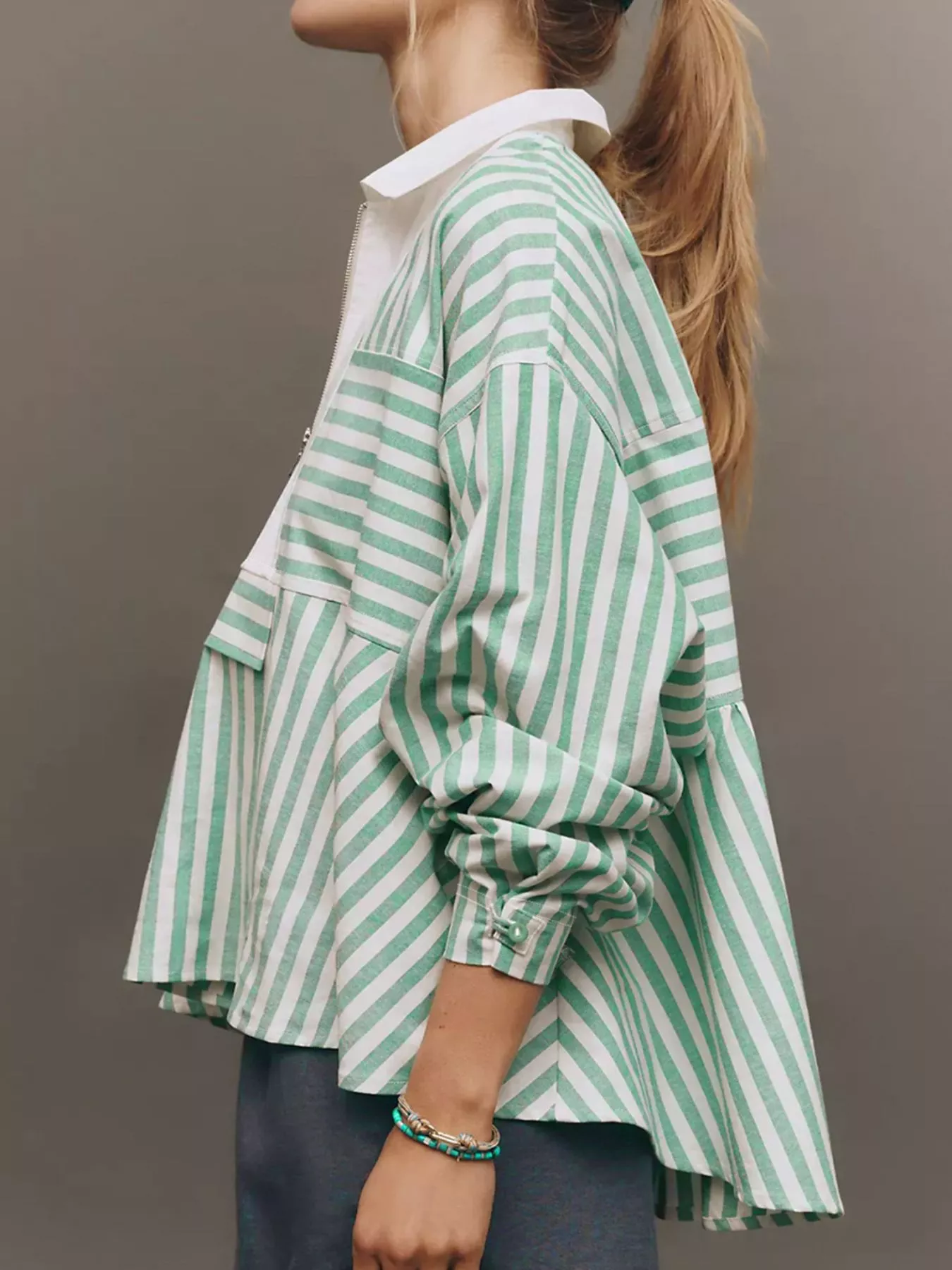 Stripe Half Zip Long Sleeve Swing Top - Image 3