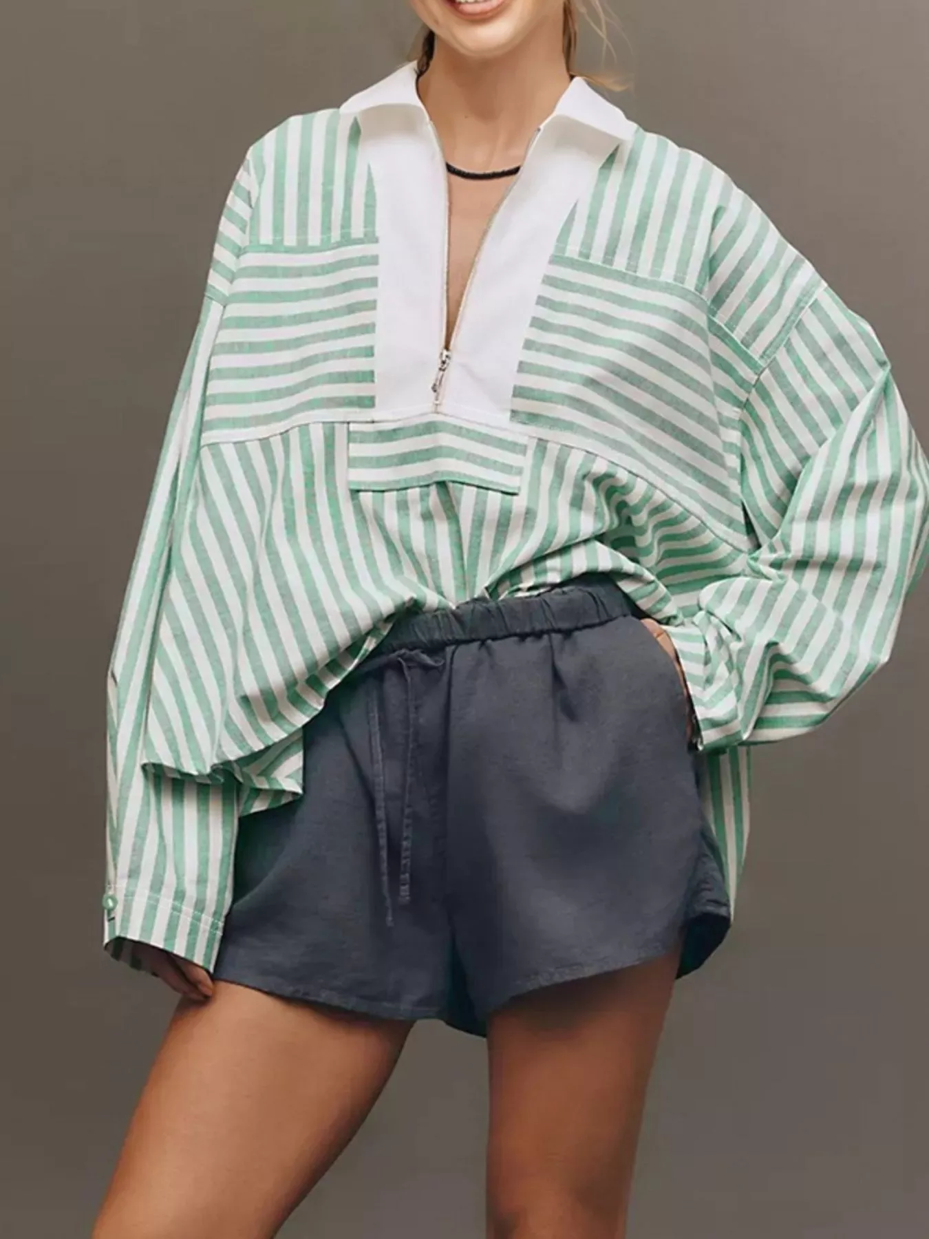Stripe Half Zip Long Sleeve Swing Top - Image 4