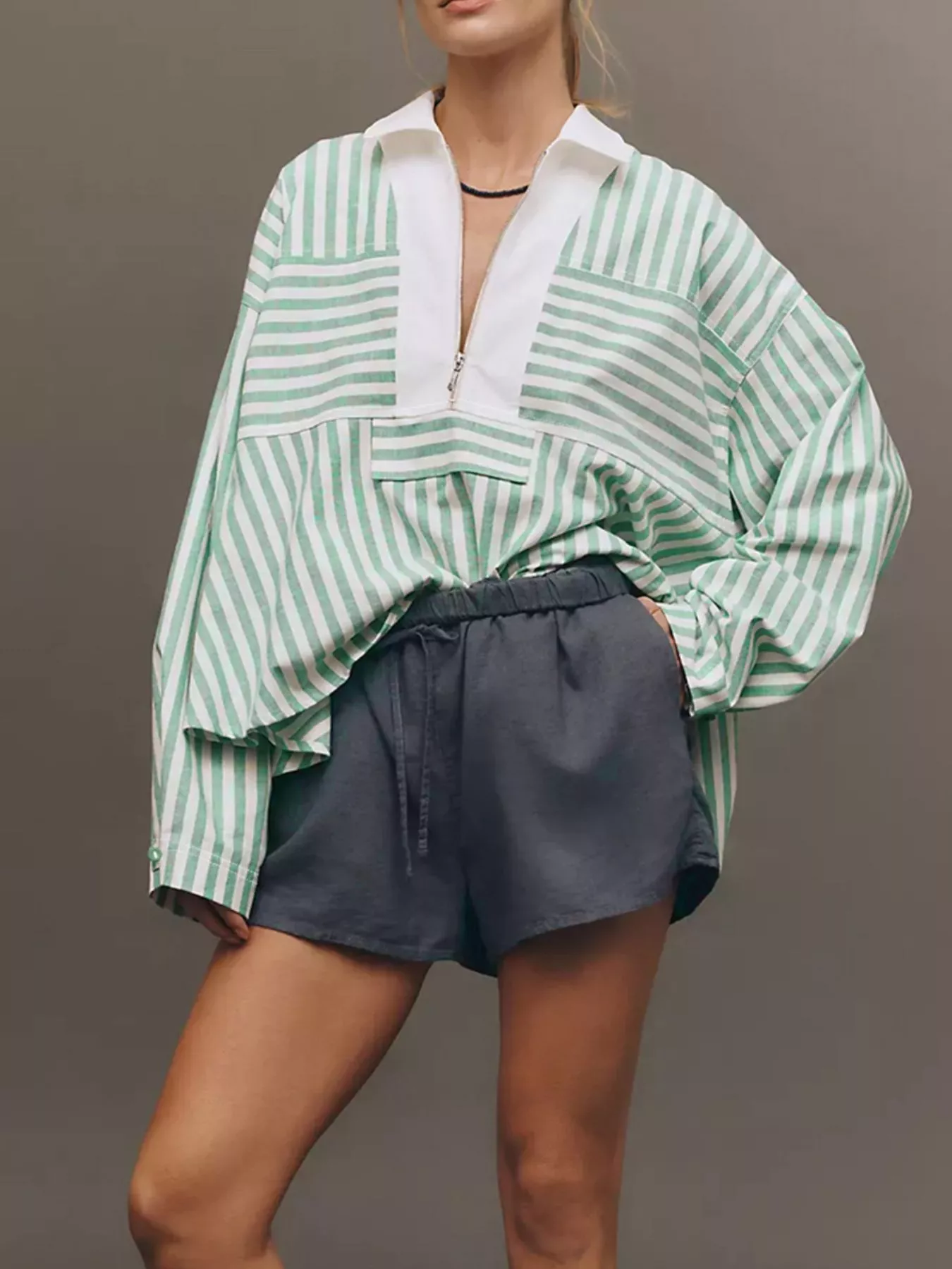 Stripe Half Zip Long Sleeve Swing Top - Image 5