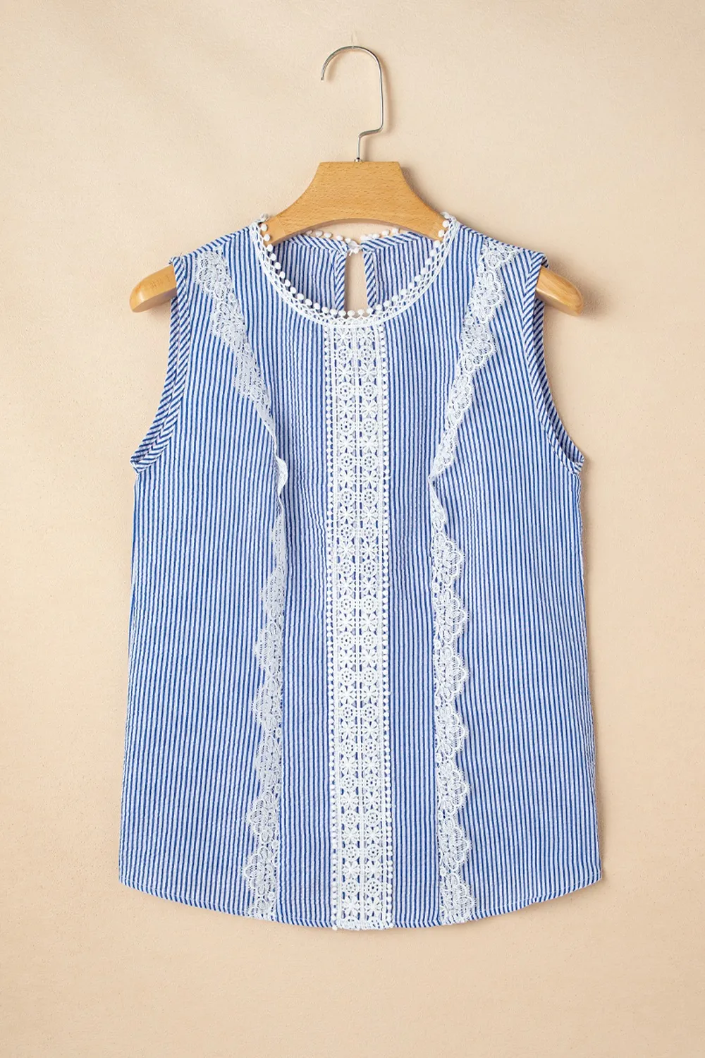 Stripe Lace Patchwork Crew Neck Sleeveless Top - Image 4
