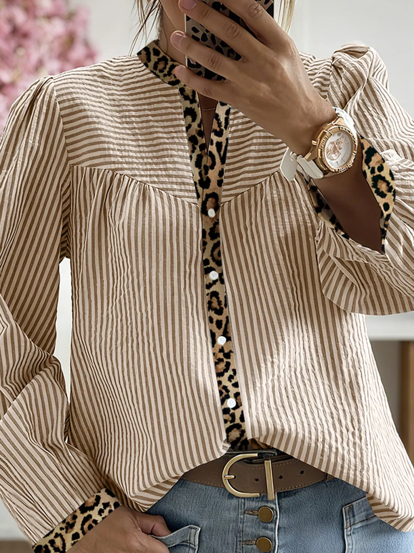Stripe Leopard Patchwork Long Sleeve Shirt - Image 3