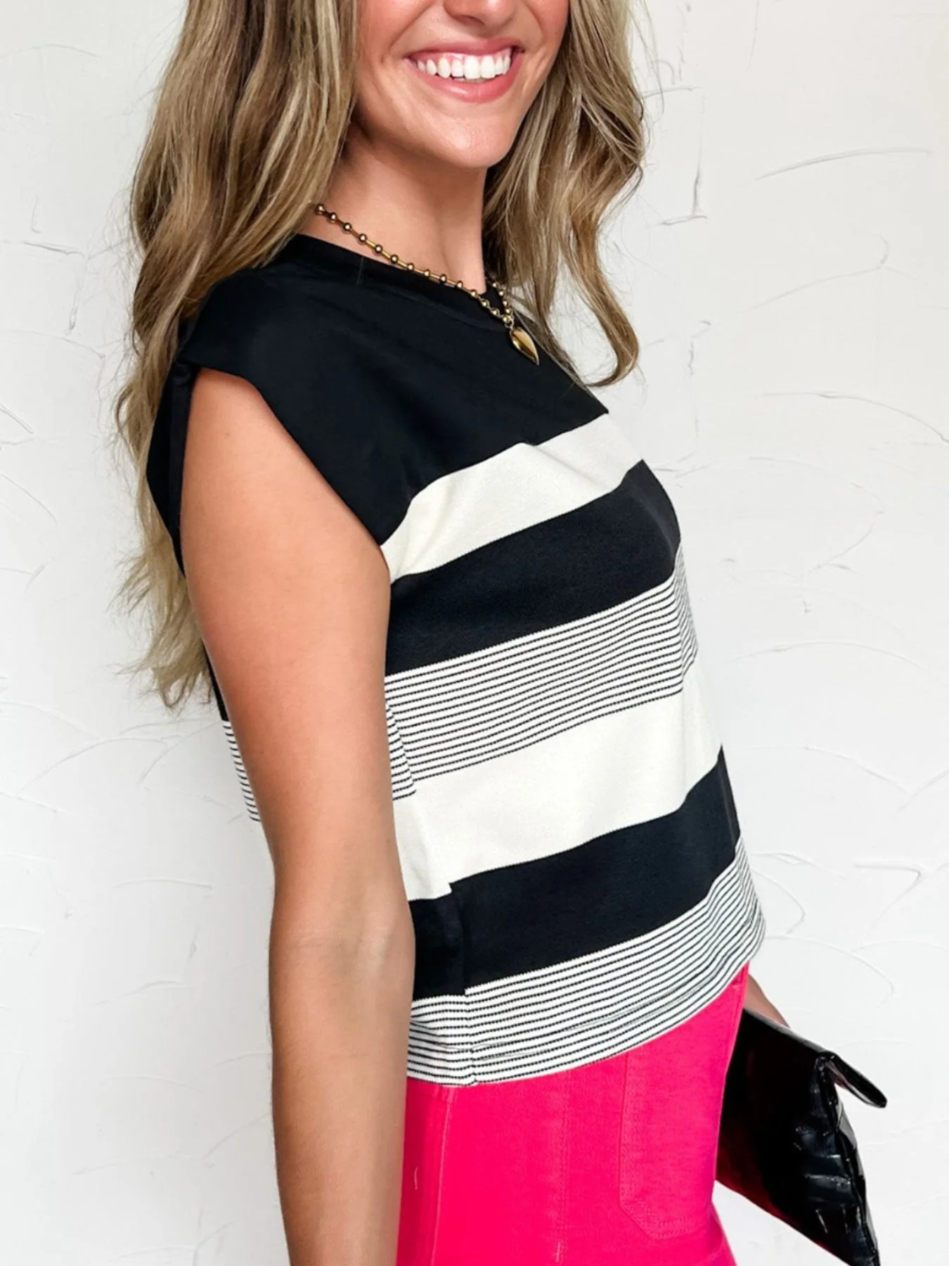 Stripe Mixed Print Crew Neck Cap Sleeve T Shirt - Image 11
