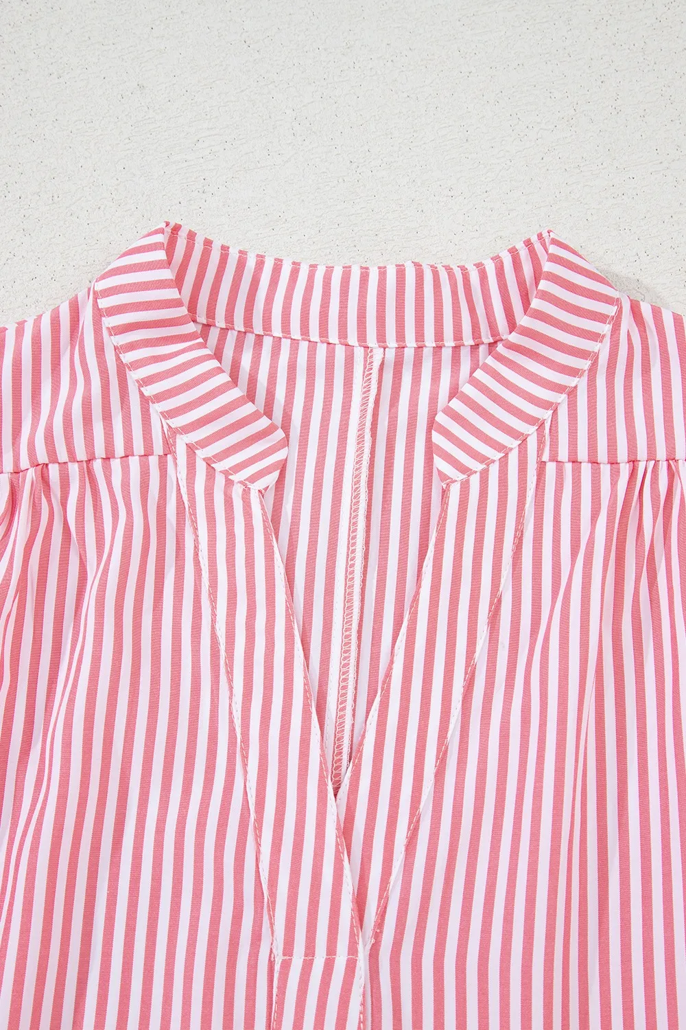 Stripe Notched Neck Frilled Short Puff Sleeve Blouse - Image 6