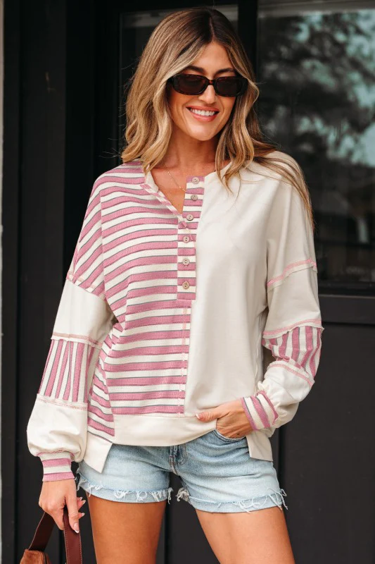 Stripe Patchwork Long Sleeve Henley Top - Image 13