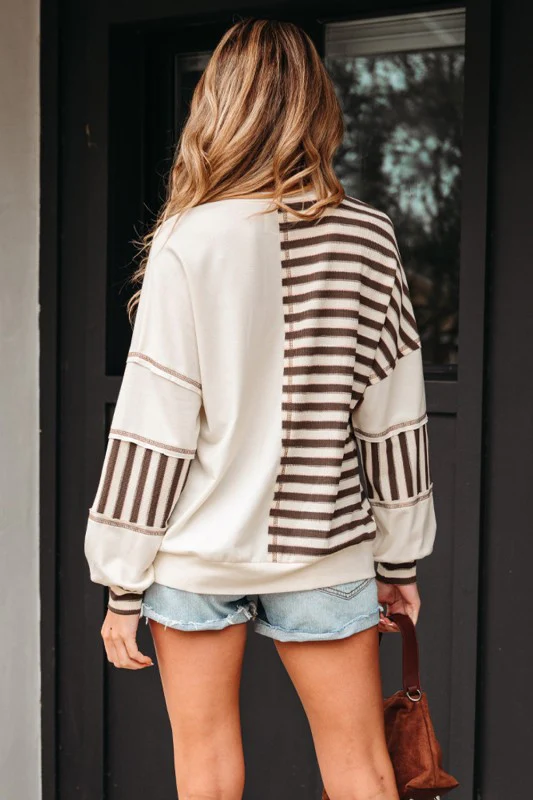 Stripe Patchwork Long Sleeve Henley Top - Image 2