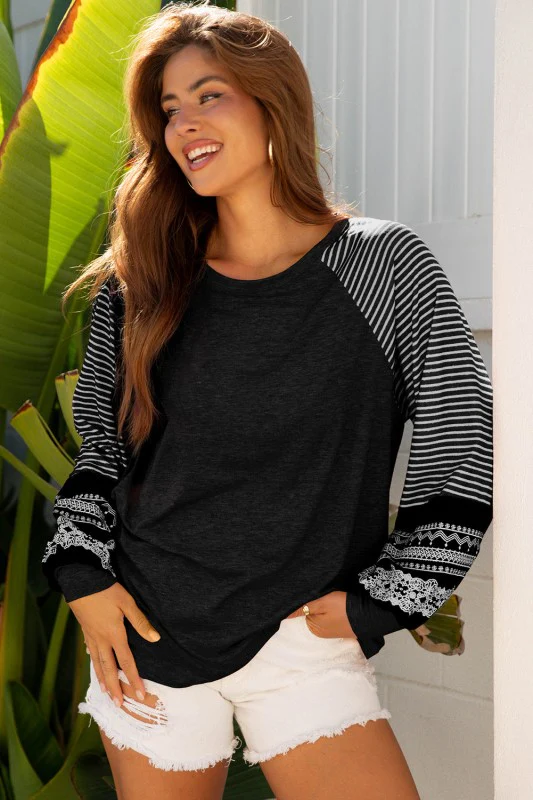 Stripe Patchwork Raglan Long Sleeve Top - Image 21