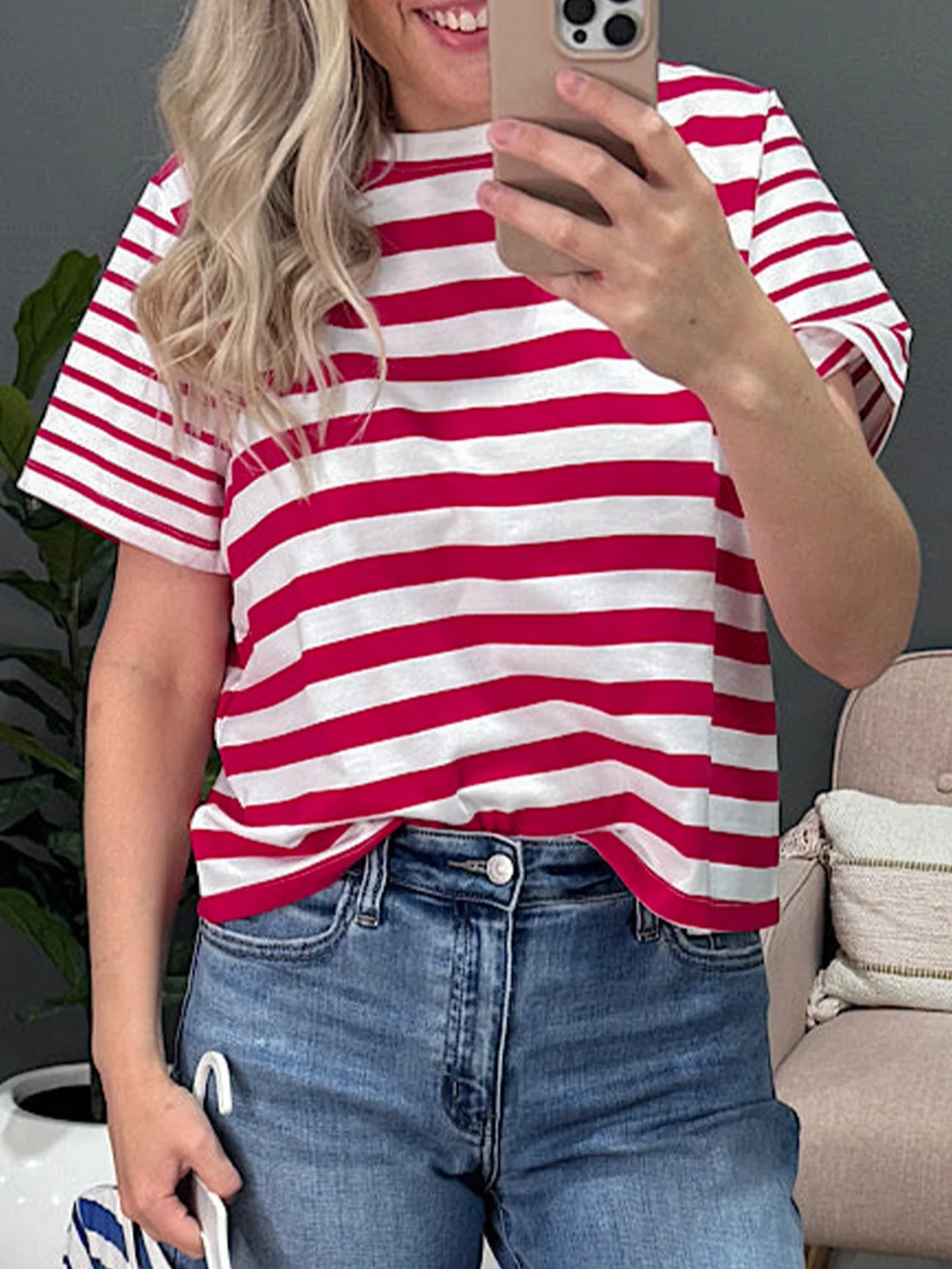 Stripe Patchwork Round Neck T Shirt - Image 3