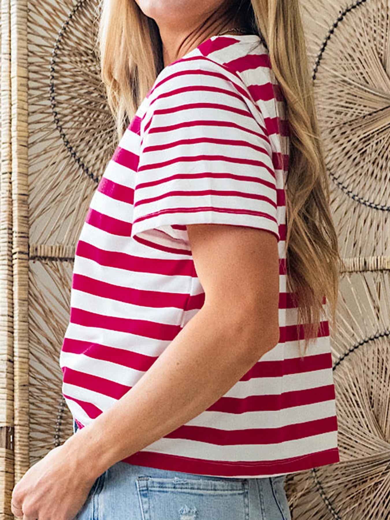 Stripe Patchwork Round Neck T Shirt - Image 4
