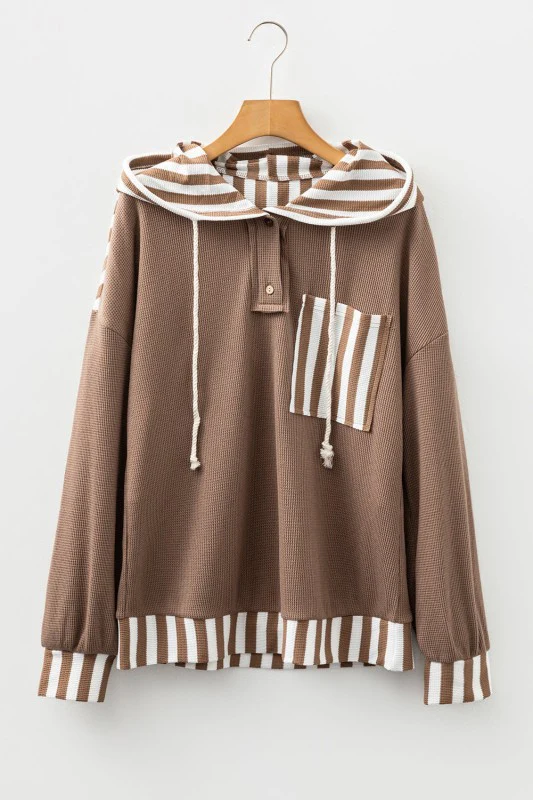 Stripe Patchwork Waffle Knit Buttoned Hoodie - Image 2