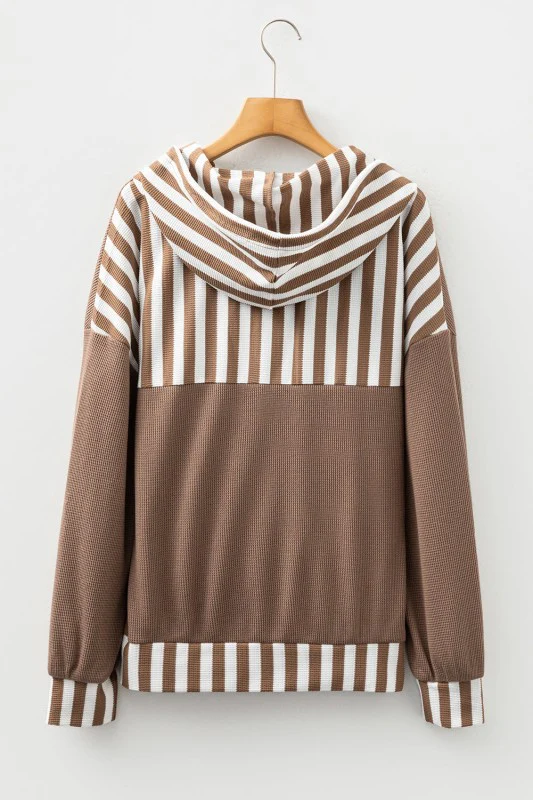 Stripe Patchwork Waffle Knit Buttoned Hoodie - Image 3