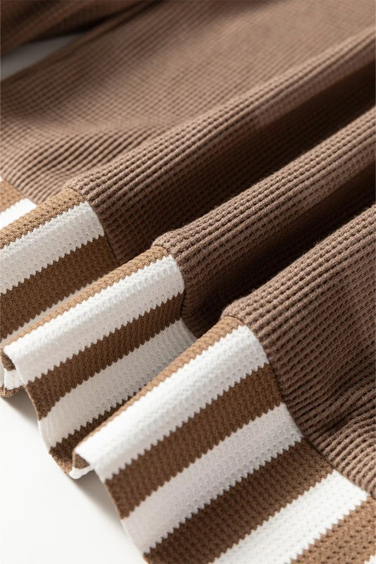 Stripe Patchwork Waffle Knit Buttoned Hoodie - Image 4