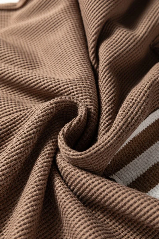 Stripe Patchwork Waffle Knit Buttoned Hoodie - Image 5