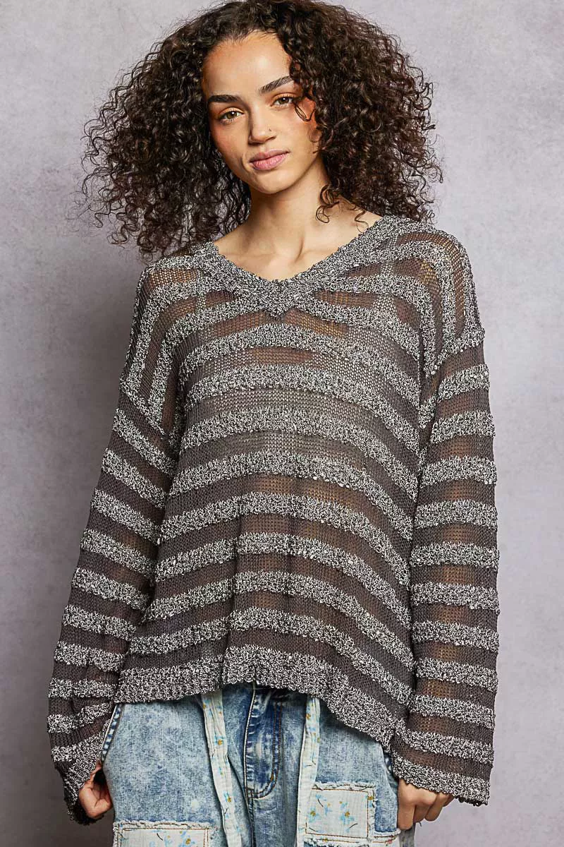 Stripe Pattern V-Neck Long Sleeve Knit Top - Image 2