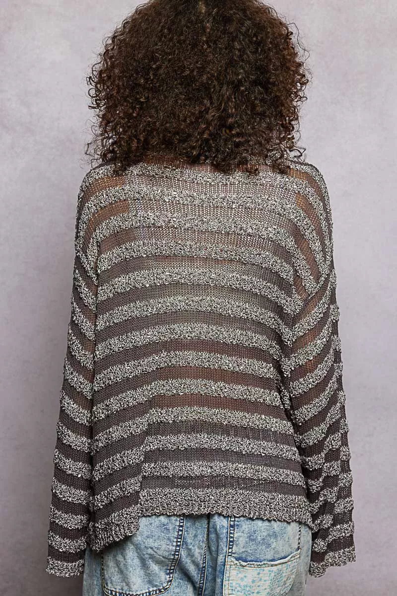 Stripe Pattern V-Neck Long Sleeve Knit Top - Image 4