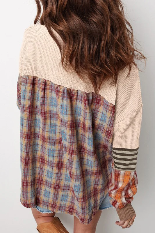 Stripe Plaid Patchwork Henley Knit Sweatshirts - Image 4