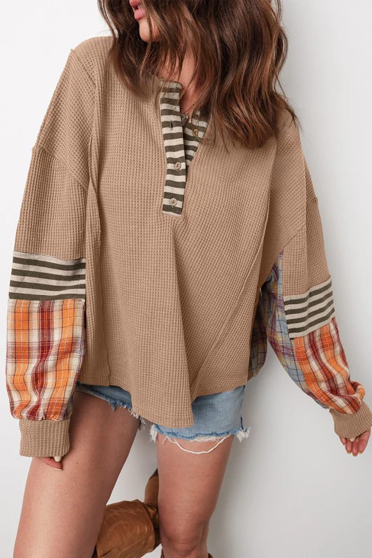 Stripe Plaid Patchwork Henley Knit Sweatshirts - Image 7