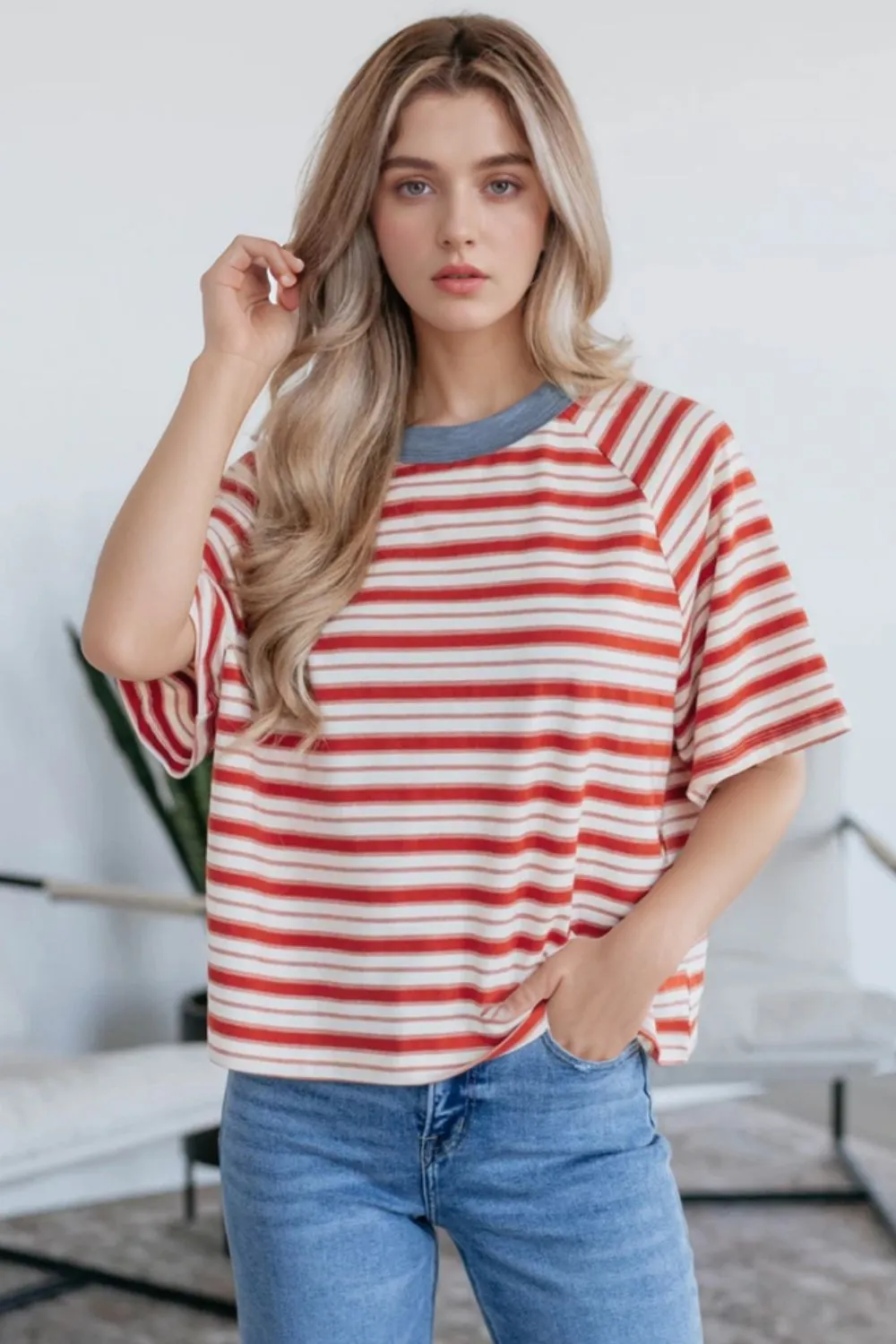 Stripe Print Contrast Collar Raglan Sleeve T Shirt - Image 2