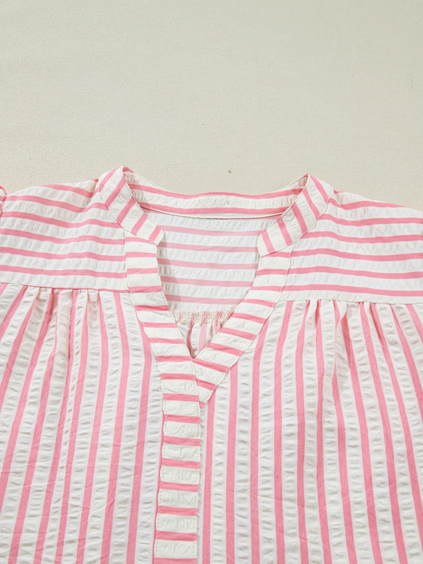 Stripe Print Floral Embroidered Puff Sleeve V Neck Blouse - Image 6