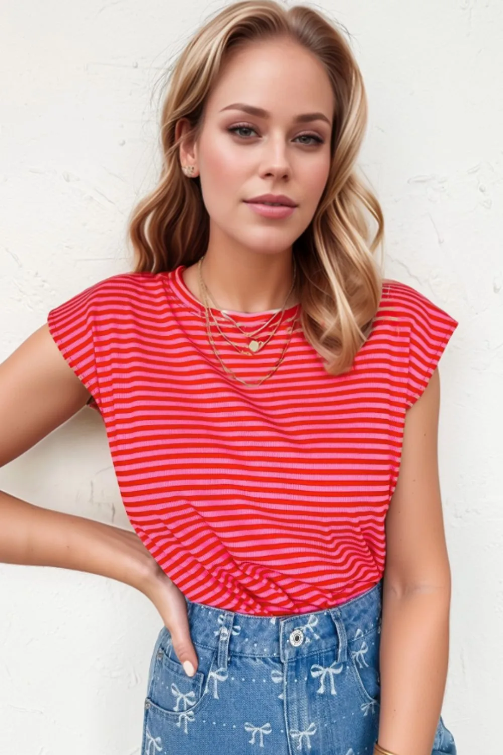 Stripe Ribbed Cap Sleeve Round Neck T Shirt - Image 2